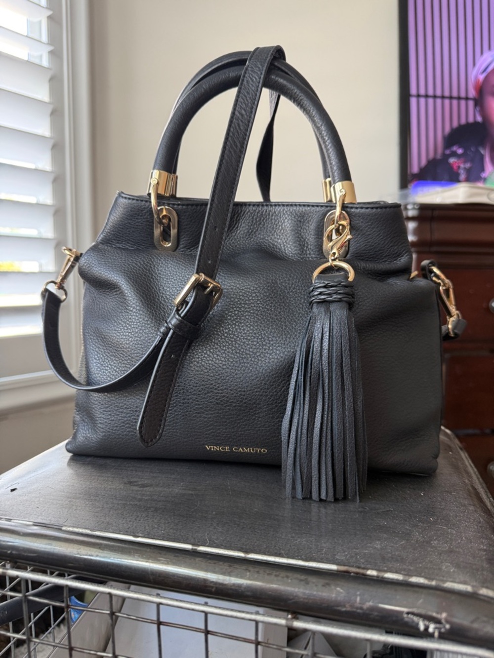 Vince Camuto Black Pebbled Leather Satchel with Tassel - Picture 3 of 11